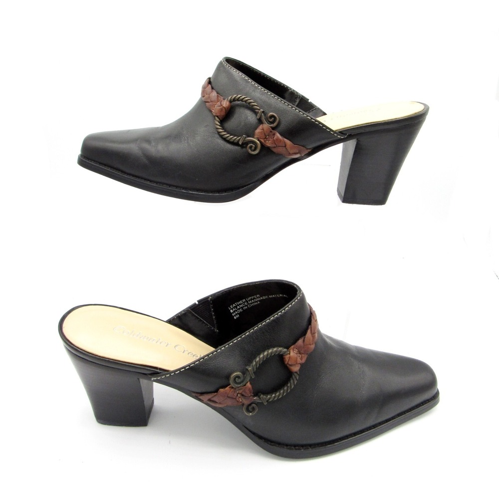 Coldwater Creek Western Mule 2.5 Inch Heels Cowgirl Horsebit Black & Tan Size 8M